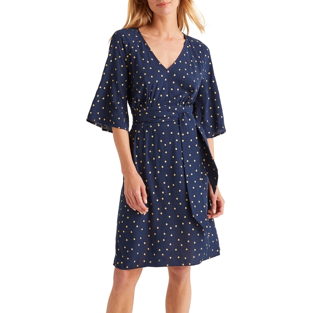 BODEN Dominique Polka Dot Belted Dress In Navy And Gold Sz 14